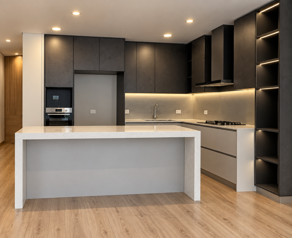 Cocina con isla, frentes oscuros y torre de almacenamiento