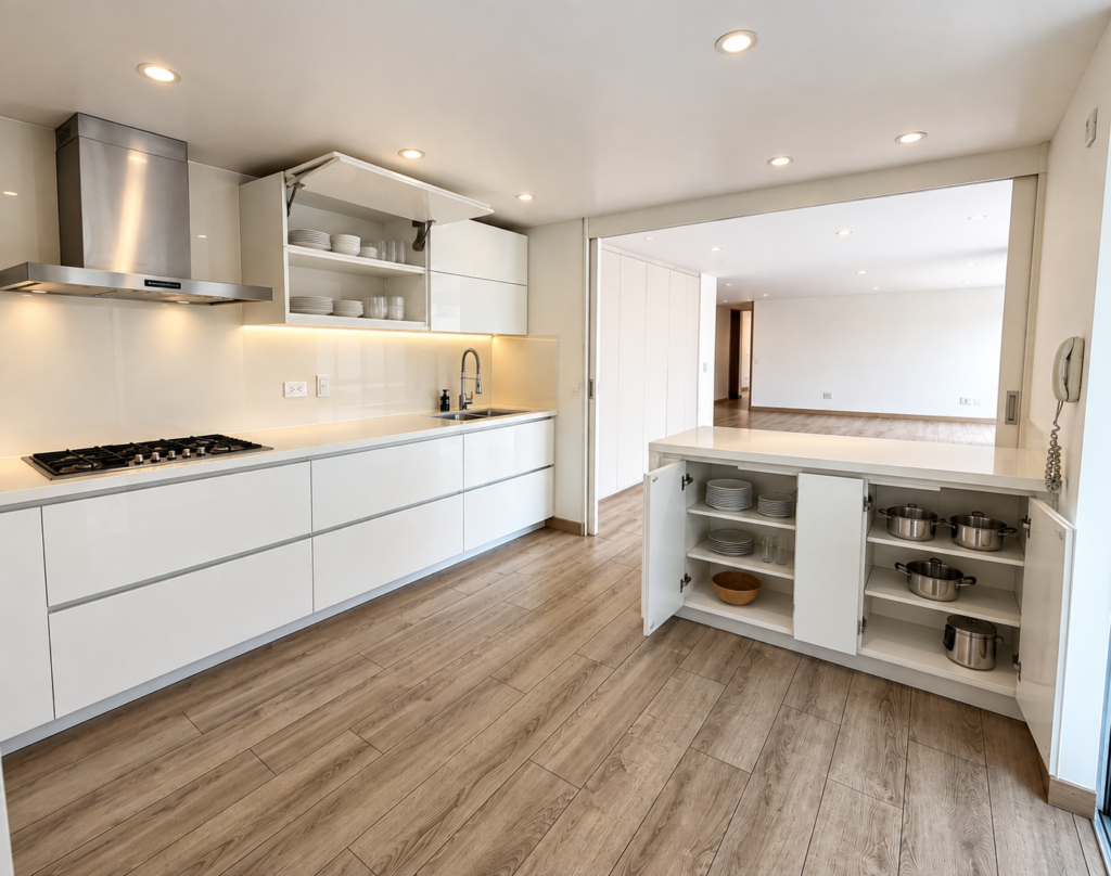 Cocina blanca con repisas abiertas y gabinetes hasta el techo