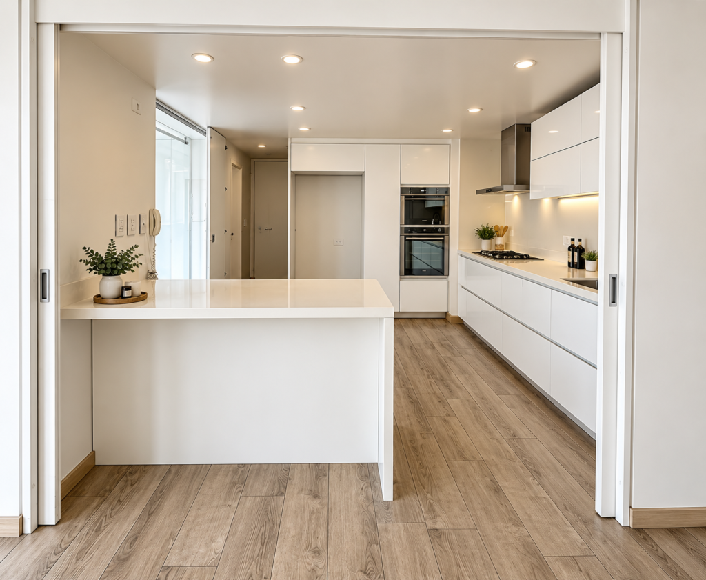 Cocina blanca con isla central y gabinetes hasta el techo