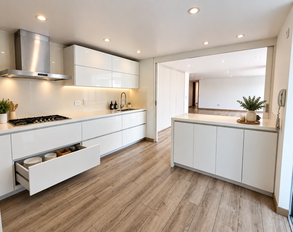 Cocina blanca en paralelo con campana extractora integrada