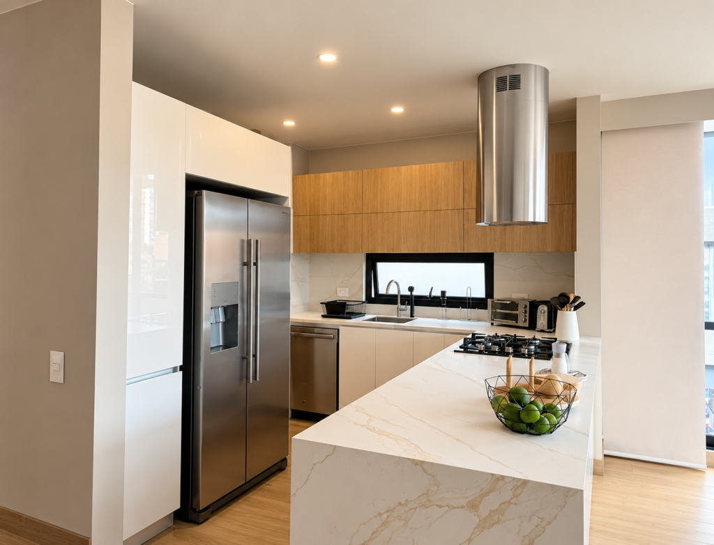Cocina en madera con isla central y campana
