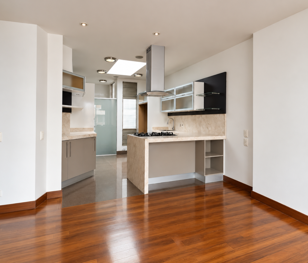 Cocina blanca en paralelo con piso en madera