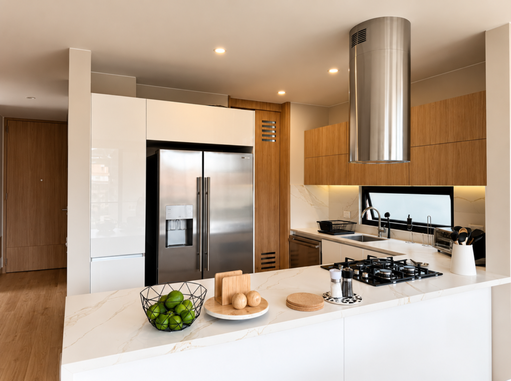 Cocina en madera clara con isla y nevera empotrada
