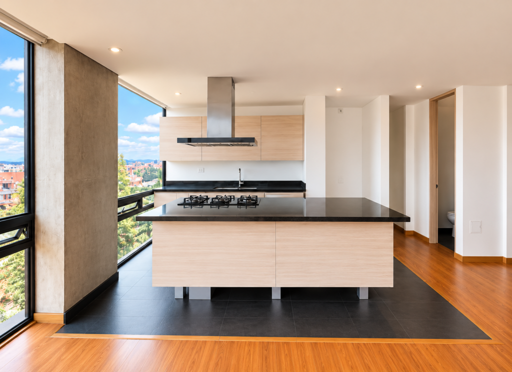 Cocina con isla, ventanal y piso en madera