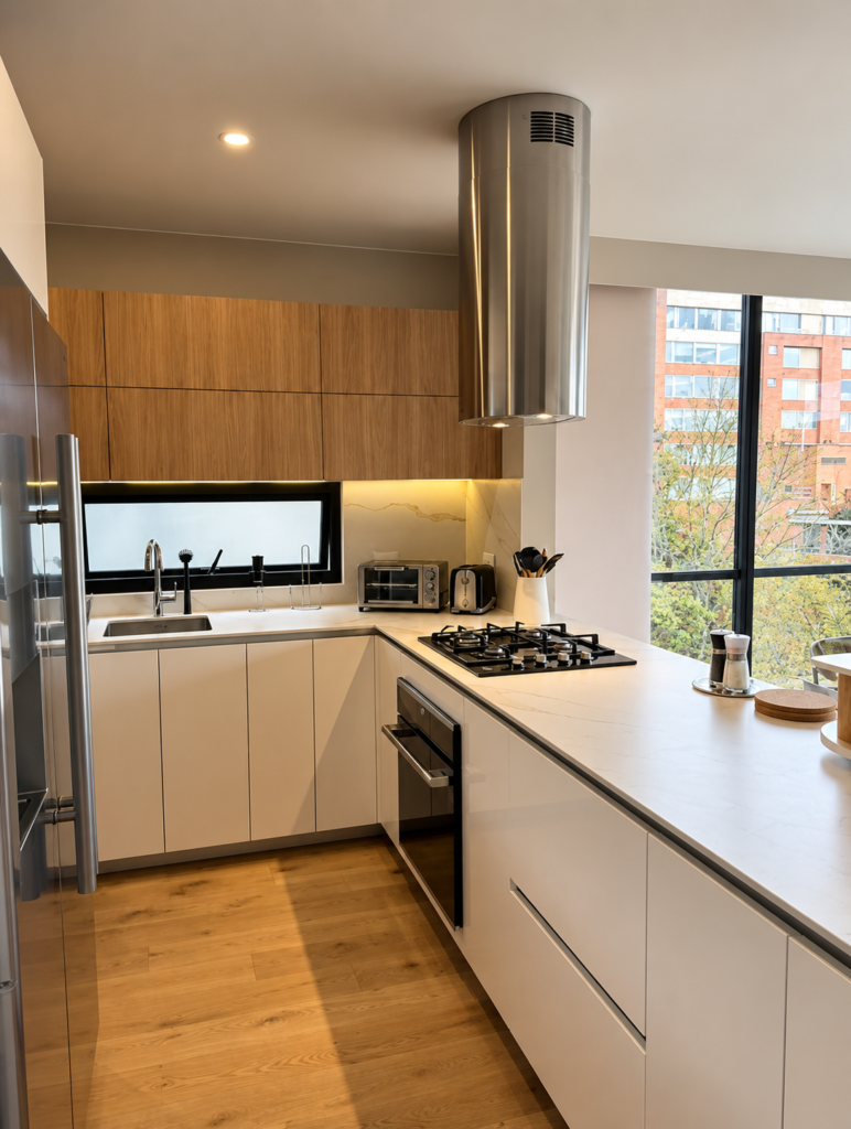 Cocina en madera en paralelo con mesón claro