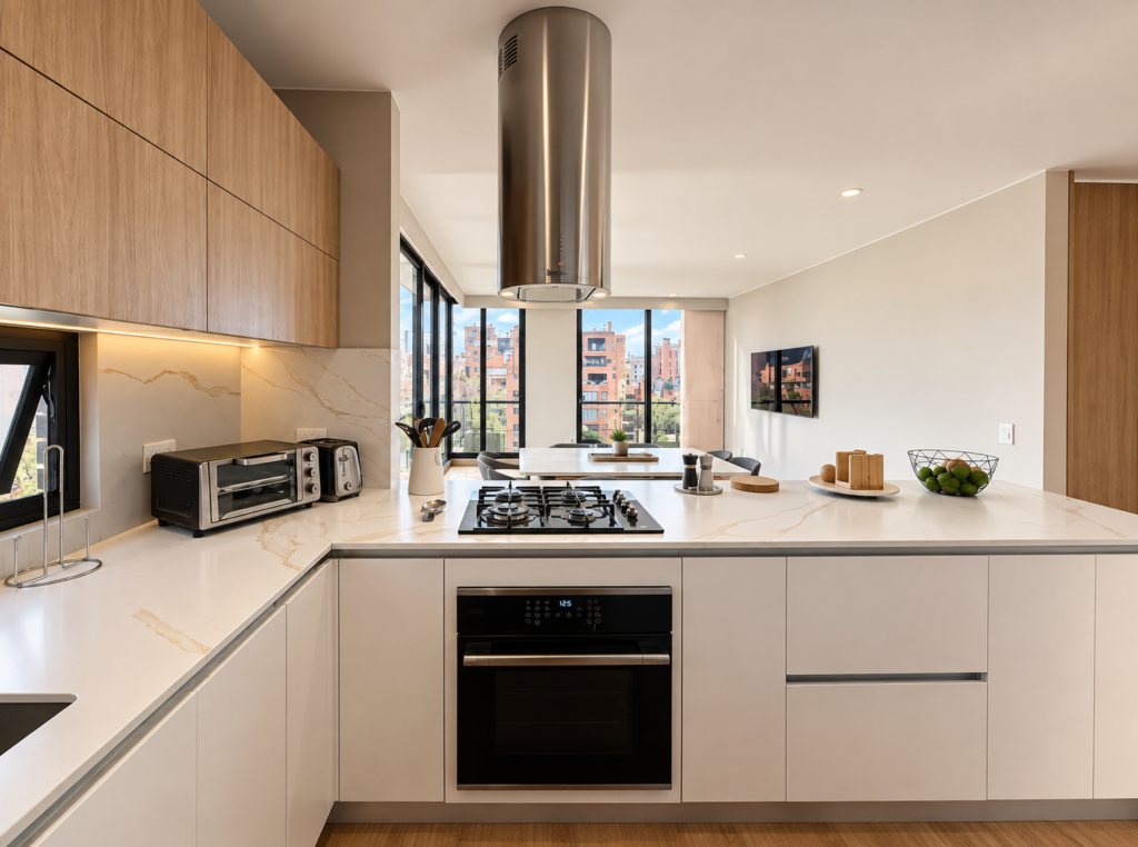 Cocina en madera y blanco con mesón claro