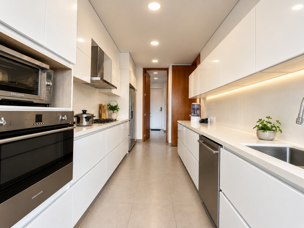 Cocina blanca lineal con electrodomésticos empotrados